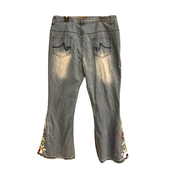 Y2K Embroidered Bell Bottom Wide Leg High Rise Distressed Raw Hem Med Wash XL - Picture 3 of 11